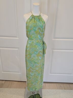 Maggy London 100% Silk Paisley Halter Wrap Maxi Dress